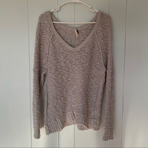 Free People Songbird V-Neck Pullover Boucle Knit Sweater Light Grey Size XS